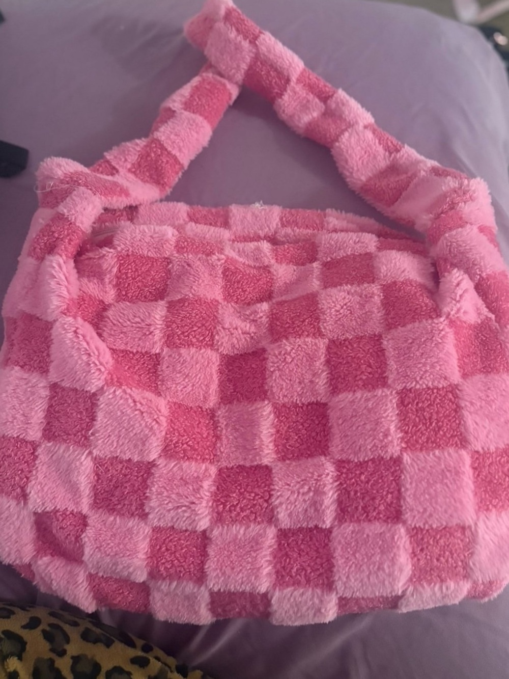 Pink Checker Plush Shoulder Bag - Cozy Trendy Tote